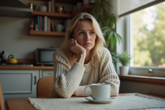Femme assise à la cuisine avec une tasse en main
