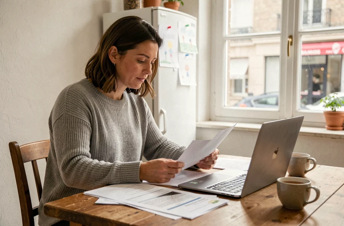 Femme seule consultant des documents administratifs de la CAF après une séparation, assise dans sa cuisine