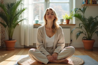 Femme détendue assise en intérieur dans un salon lumineux