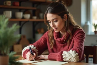 Femme écrivant une lettre du Père Noël à la main sur papier crème à une table en bois rustique, ambiance chaleureuse et festive