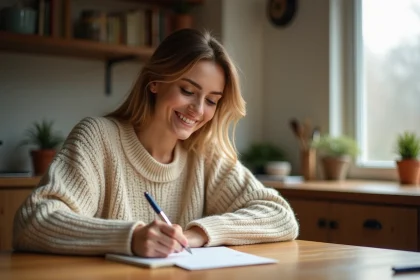 Femme écrivant un message d'anniversaire personnalisé à la main sur une carte, assise dans une cuisine chaleureuse