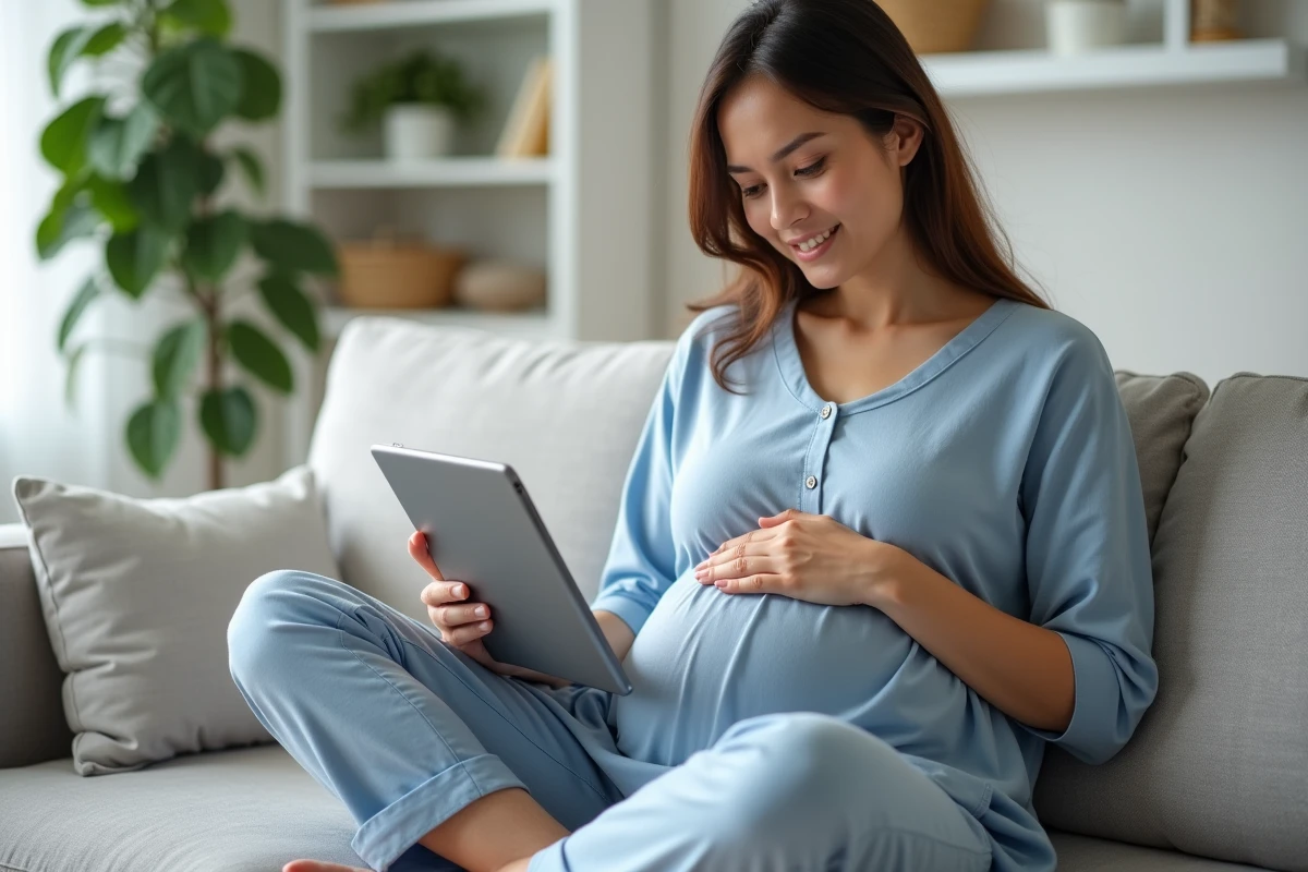 Femme enceinte consultant une liste de prénoms sur tablette dans un salon moderne