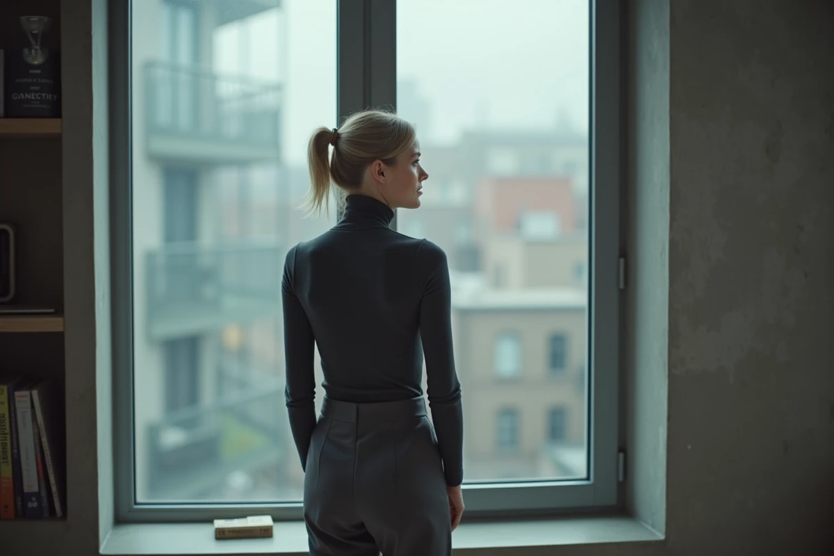 Femme de dos près d'une fenêtre urbaine symbolisant la frontière entre vie privée et exposition publique