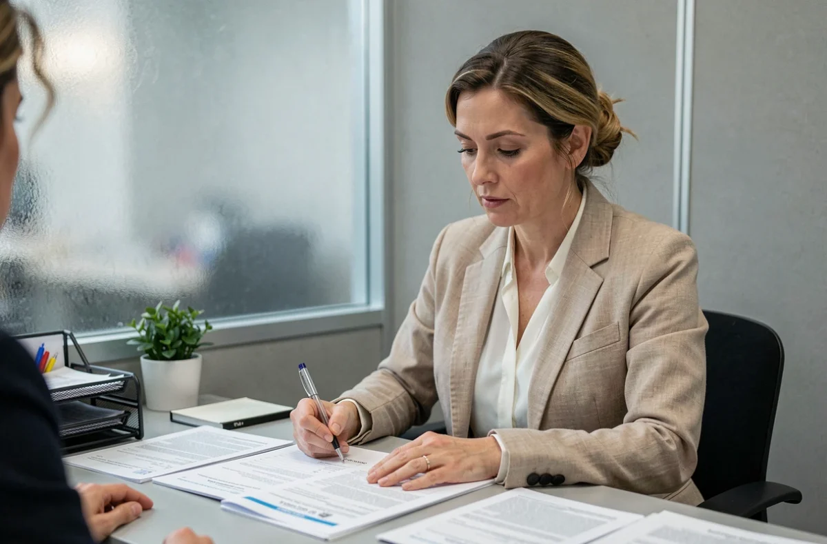 Femme remplissant un formulaire de demande d'aide financière à la CAF lors d'un entretien administratif après divorce