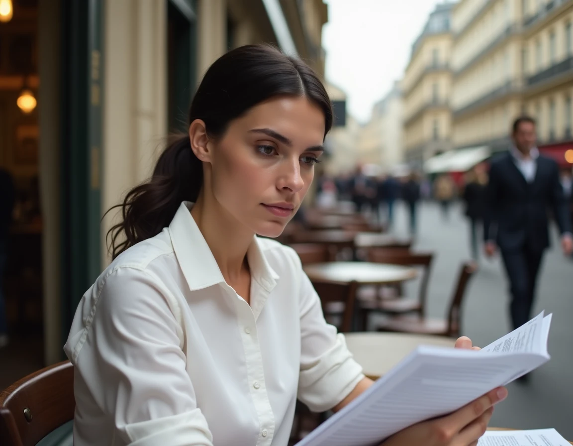 Femme journaliste en chemise blanche à la terrasse d'un café parisien, ambiance éditoriale naturelle
