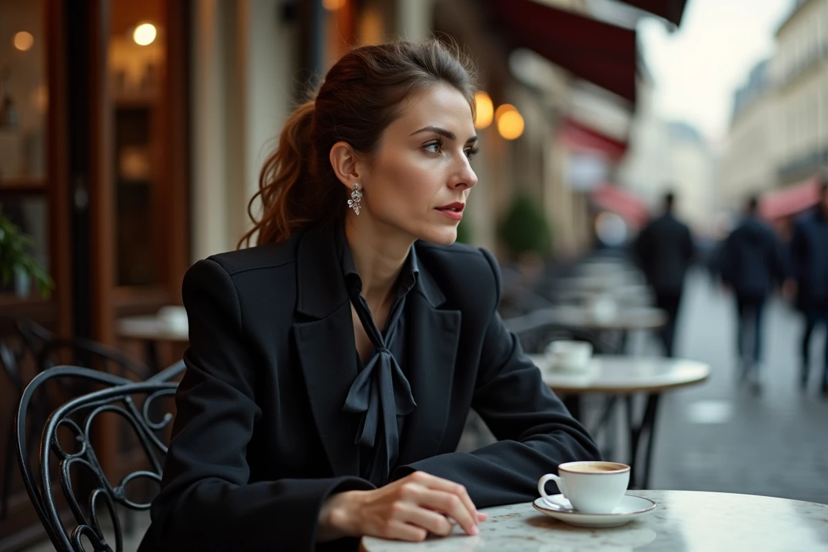 Femme médiatique pensive attablée seule en terrasse parisienne, reflet d'une vie personnelle jalousement préservée