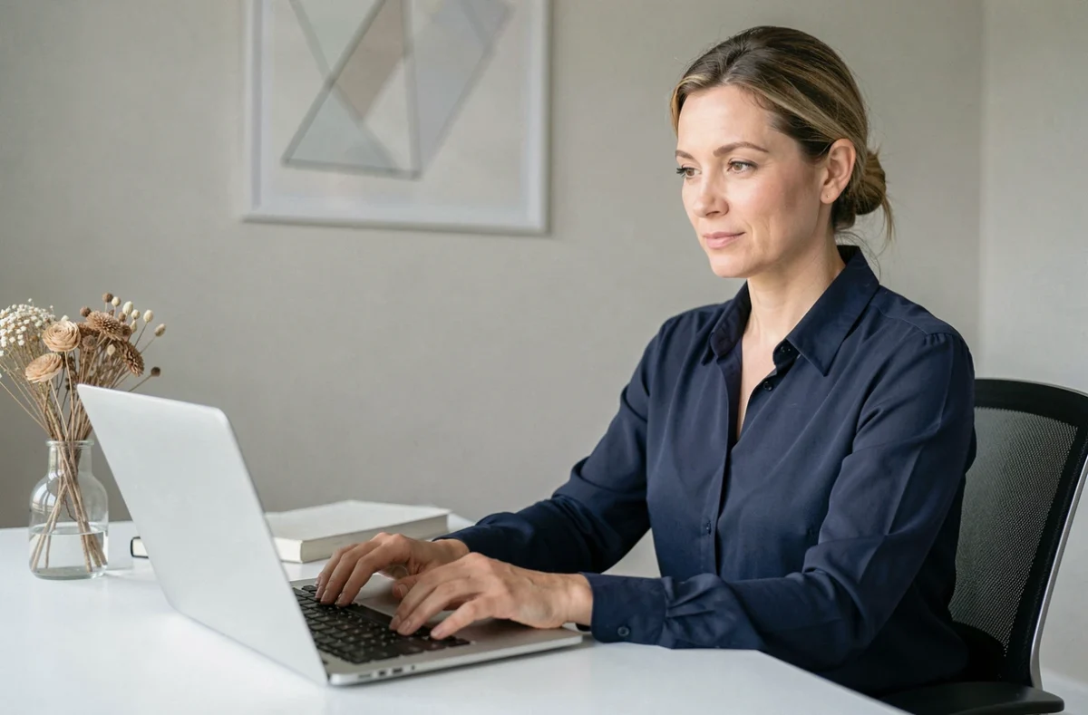 Femme rédigeant un message formel de demande de marraine sur ordinateur portable dans un bureau soigné et professionnel