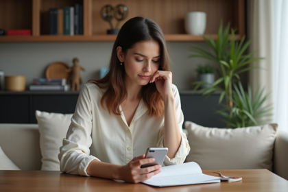 Jeune femme organisée utilisant son smartphone à la maison