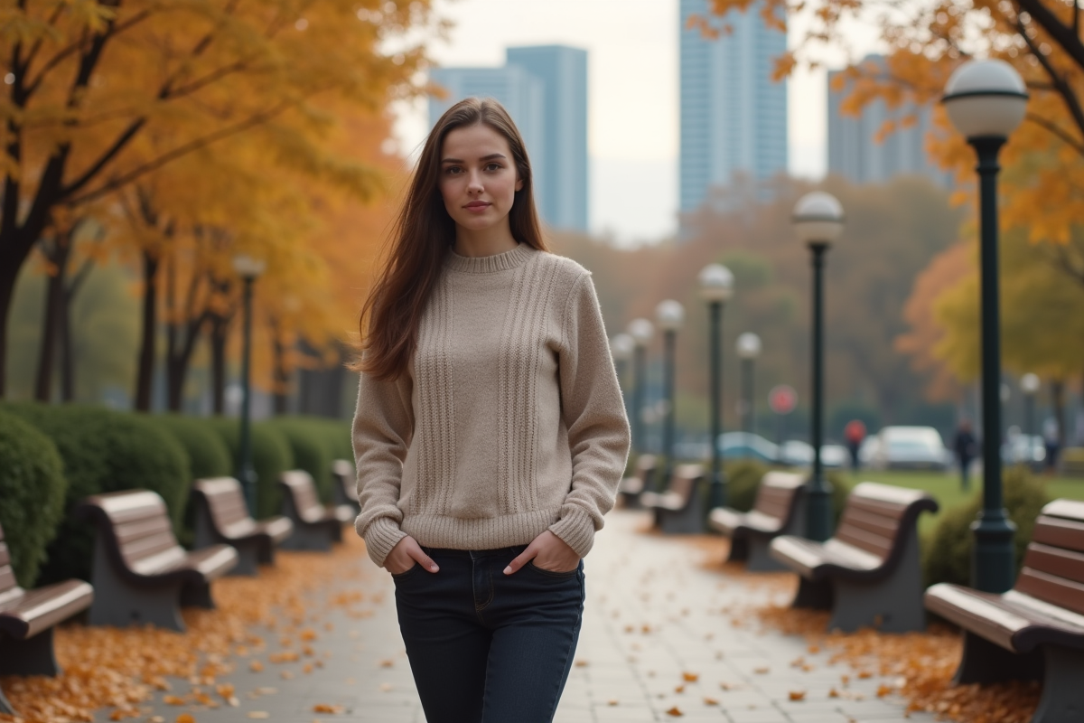 Jeune femme dans un parc en automne avec feuilles