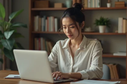 Femme cherchant le nom Albrad sur un moteur de recherche depuis son bureau à domicile