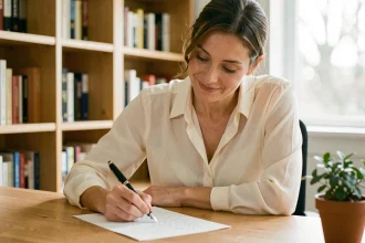 Femme rédigeant une lettre de demande de marraine à son bureau, stylo plume à la main, ambiance chaleureuse et intimiste