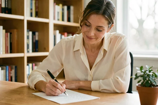Femme rédigeant une lettre de demande de marraine à son bureau, stylo plume à la main, ambiance chaleureuse et intimiste