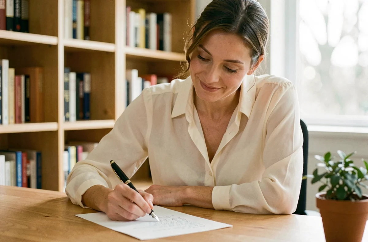 Femme rédigeant une lettre de demande de marraine à son bureau, stylo plume à la main, ambiance chaleureuse et intimiste
