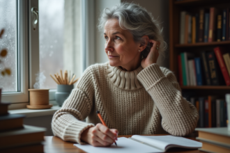 Femme pensant à ses cartes de voeux près de la fenêtre