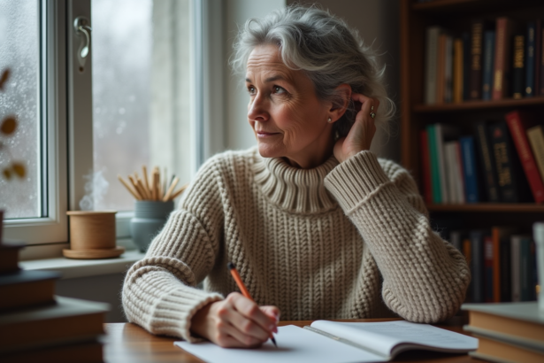 Femme pensant à ses cartes de voeux près de la fenêtre