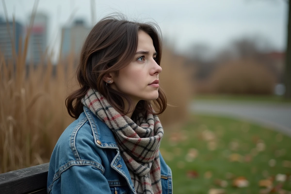 Jeune femme pensive assise sur un banc dans un parc
