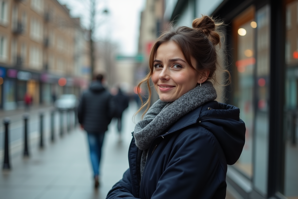 Jeune femme dans la rue regardant en arrière avec expression perplexe