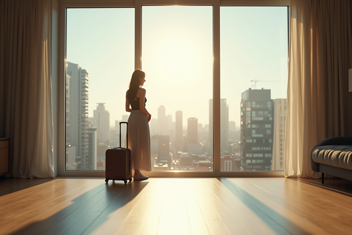 Femme regardant par la grande fenêtre dans un salon lumineux