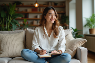 Femme détendue écrivant dans un journal dans un salon moderne