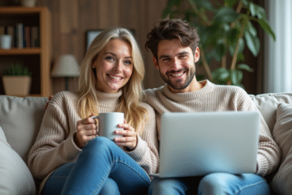 Femme et son fils souriants partageant un café dans le salon