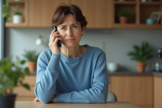 Femme d'âge moyen au téléphone dans la cuisine