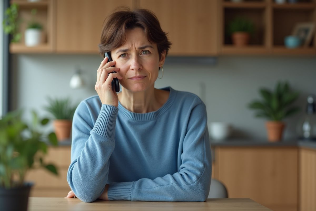 Femme d'âge moyen au téléphone dans la cuisine