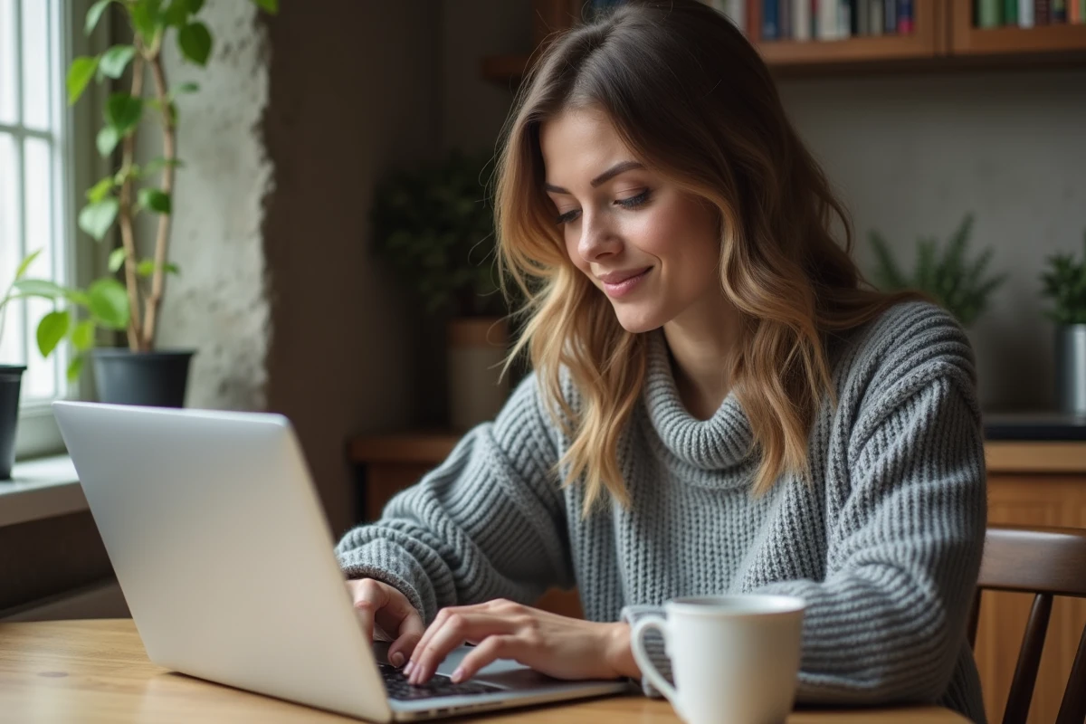 Femme pensante travaillant sur son ordinateur à la maison