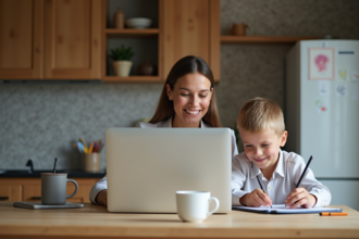 Femme au travail en cuisine avec son enfant dessinant
