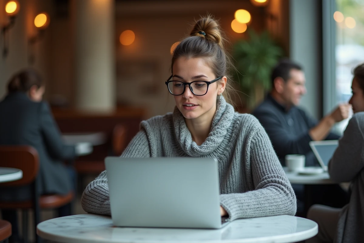 Femme consultant Wikipédia sur son ordinateur dans un café parisien, expression de surprise