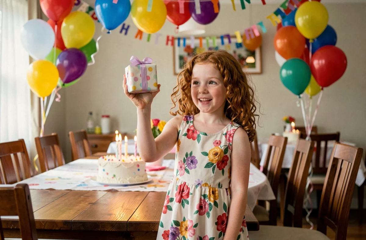 Adolescente de 12 ans tenant un cadeau emballé lors d'une fête d'anniversaire avec ballons et gâteau