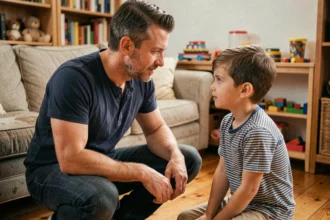 Père accroupi qui parle calmement à son fils dans un salon chaleureux, illustrant l'autorité bienveillante et le cadre éducatif posé sans contrainte