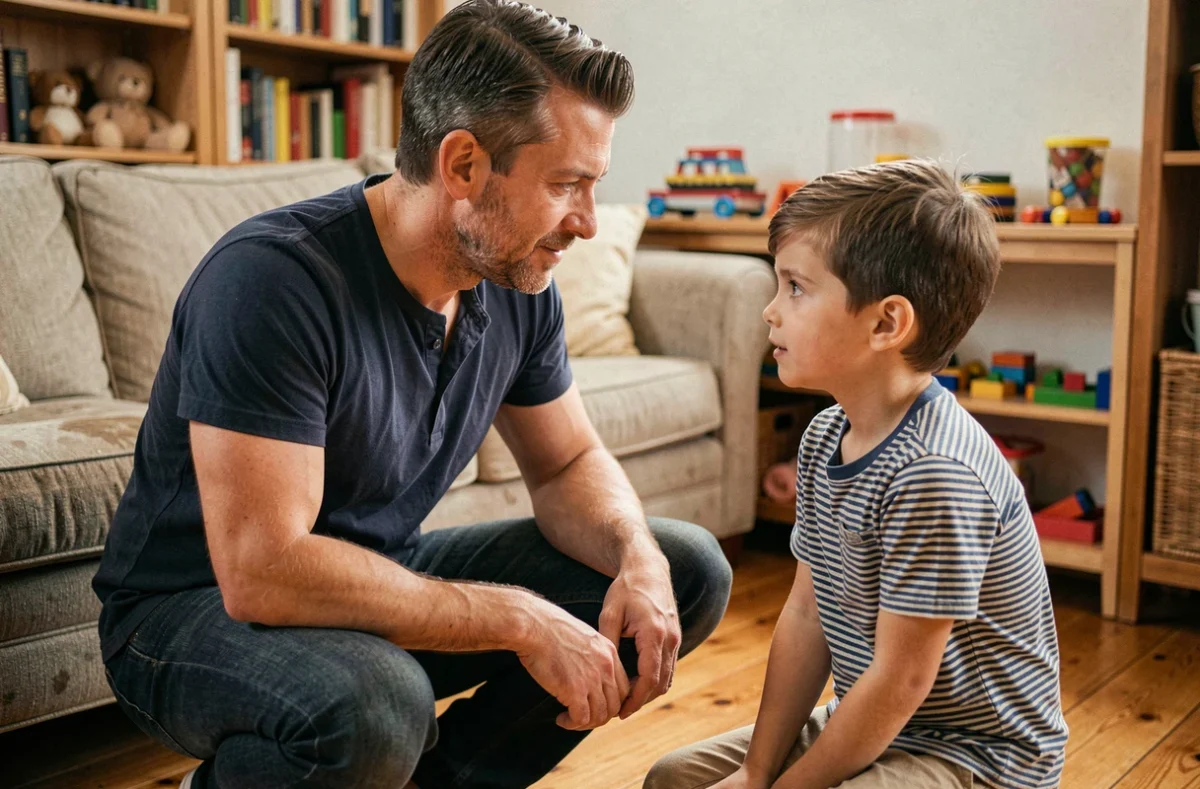Père accroupi qui parle calmement à son fils dans un salon chaleureux, illustrant l'autorité bienveillante et le cadre éducatif posé sans contrainte