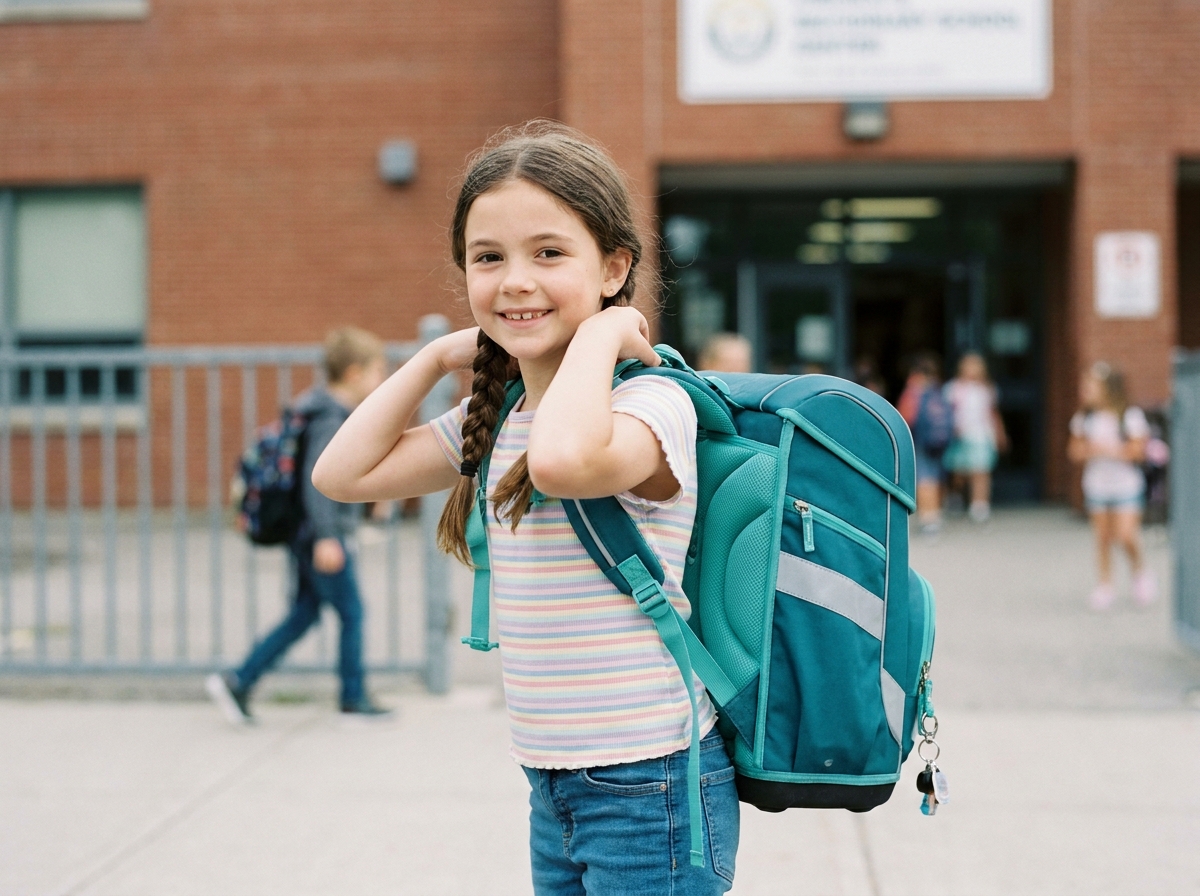 Jeune fille portant un cartable ergonomique teal devant la façade d'une école en ajustant les bretelles