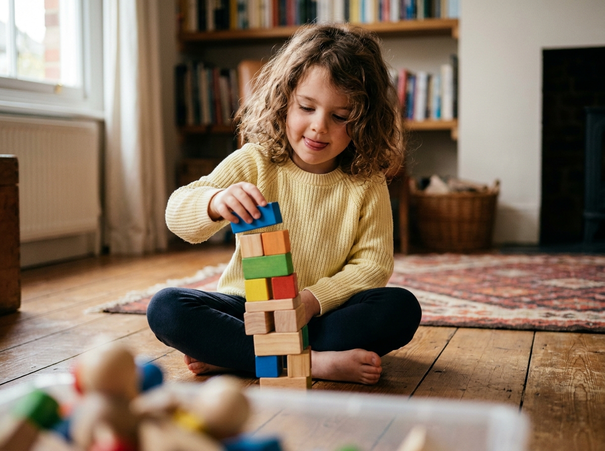 Petite fille concentrée qui empile des cubes en bois colorés sur un parquet en bois, jouet éducatif de motricité fine