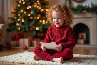 Petite fille émerveillée qui lit une lettre de lutin farceur près d'un sapin de Noël décoré