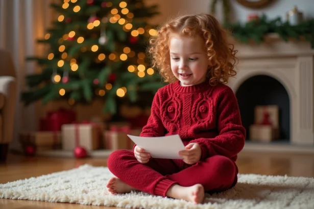 Petite fille émerveillée qui lit une lettre de lutin farceur près d'un sapin de Noël décoré