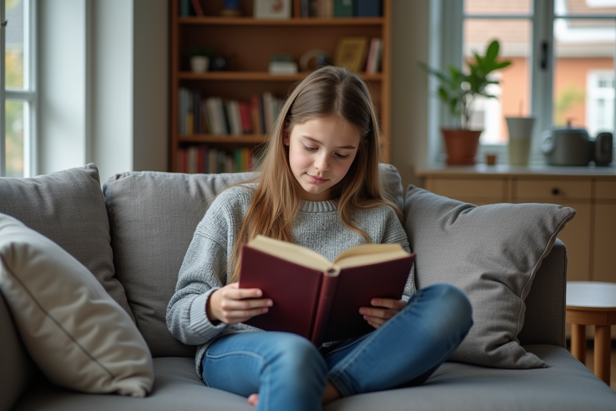 Fille de 14 ans lisant dans un salon confortable