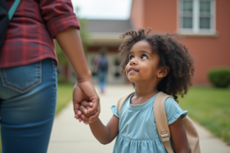 Jeune fille de 4 ans avec cheveux bouclés regardant vers le haut