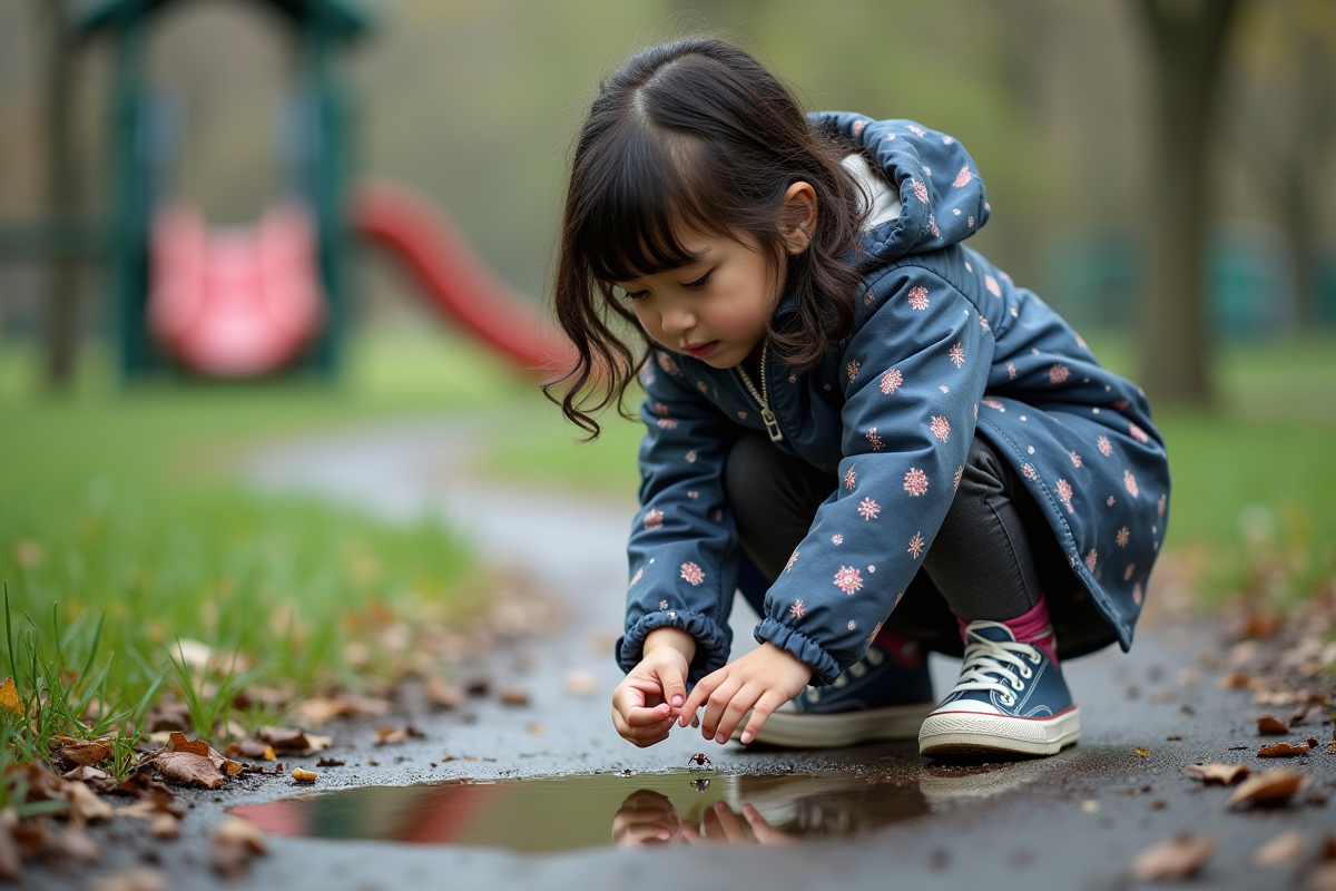 Fille de 8 ans sauvant une coccinelle dans un parc urbain