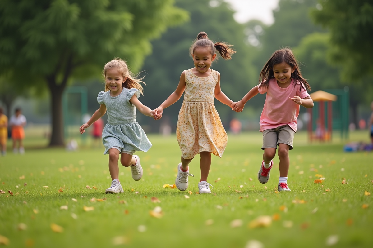 Fille de 7 ans rit en courant dans un parc avec ses amis