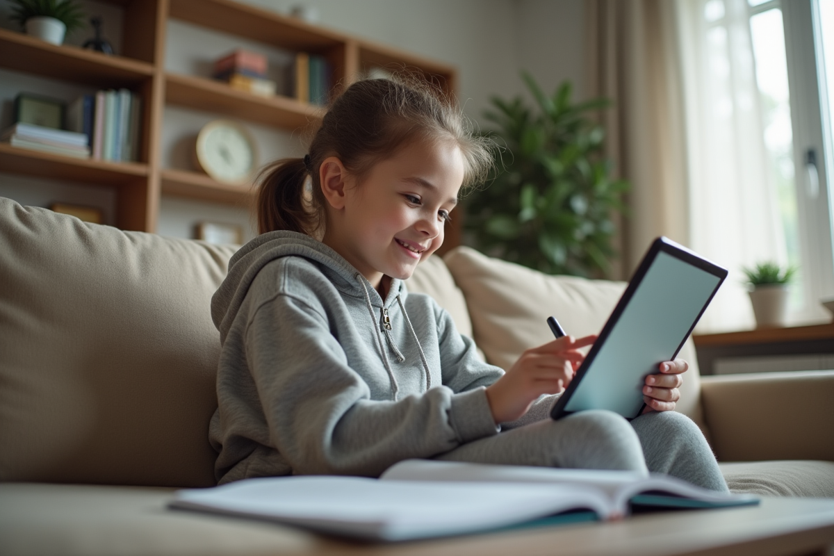 Jeune fille souriante en visioconference dans un salon lumineux