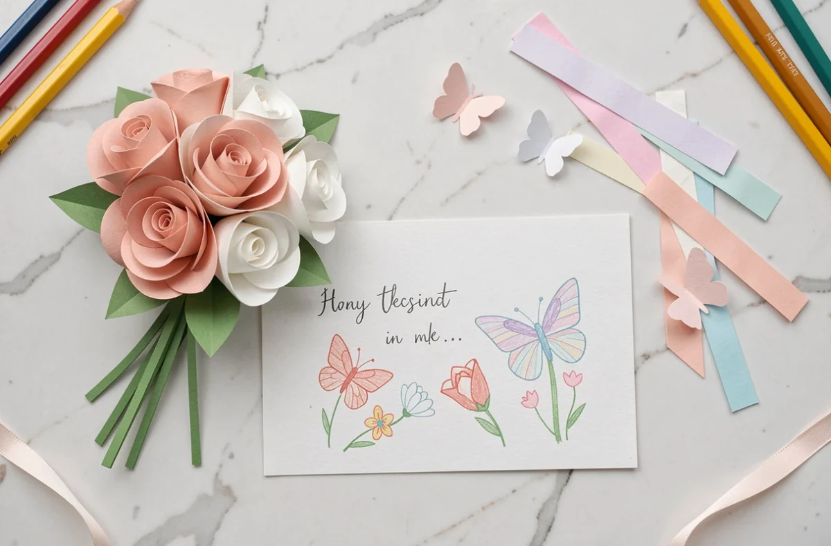 Flat lay de bricolages en papier faits maison pour la fête des mères sur marbre blanc