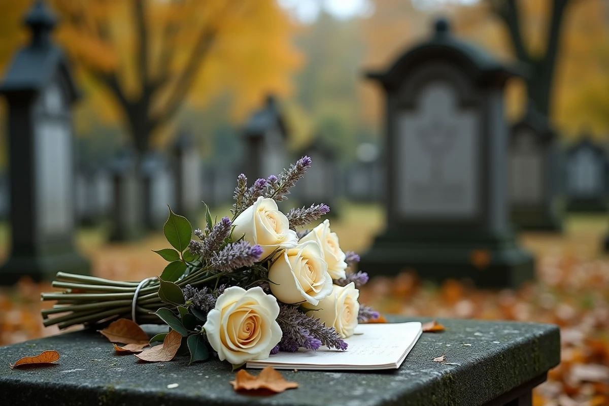 Bouquet de roses blanches et mot manuscrit déposés sur une pierre tombale en hommage à une tante disparue