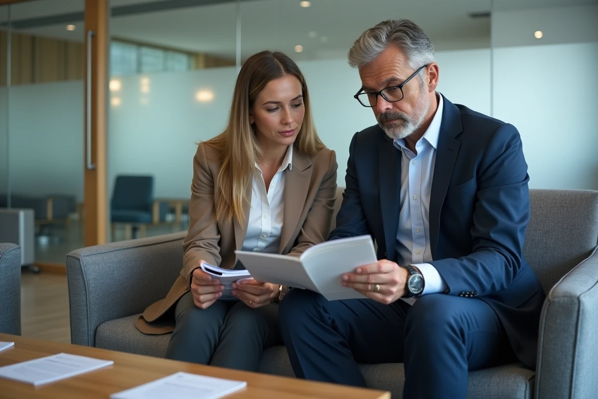 Frère et sœur adultes dans la salle d'attente d'un notaire consultant une brochure sur le prix d'un testament