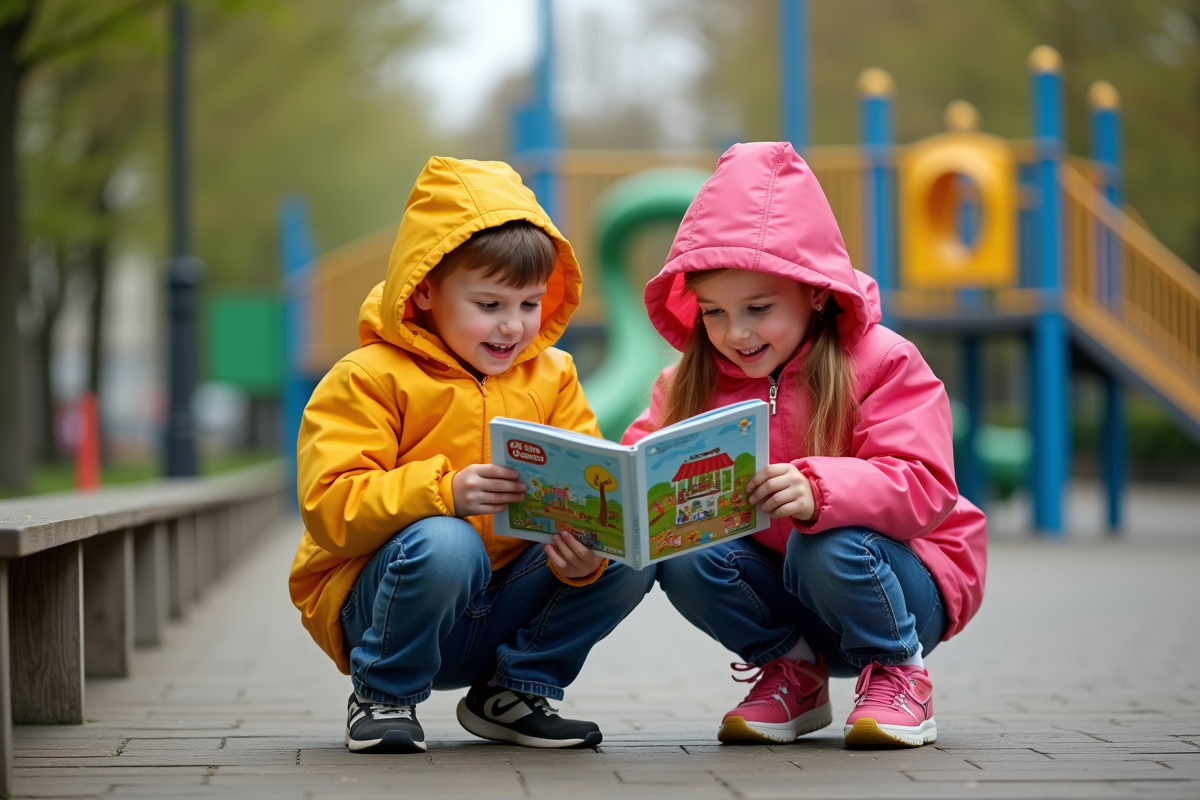 Deux enfants explorant un livret dans un parc urbain