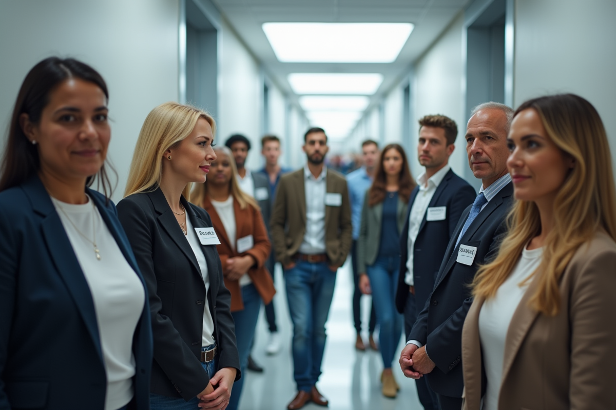 Groupe diversifié de personnes dans un couloir lumineux