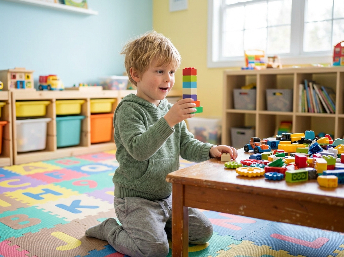 Garçon de 5 ans fier de sa construction en blocs colorés dans une salle de jeux lumineuse et éducative