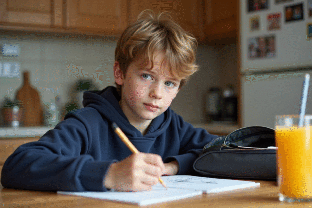 Garçon de 12 ans dessinant dans sa cuisine chaleureuse