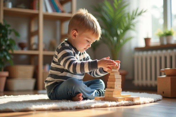 Garçon de 5 ans construit une tour en bois dans un salon lumineux