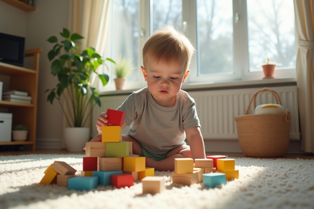Jeune garçon jouant avec des blocs en bois dans le salon lumineux